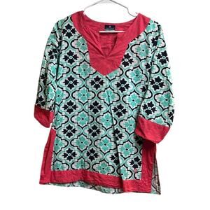 Simply Southern Collection Cotton Tunic Flower Top Aqua Medallions Small